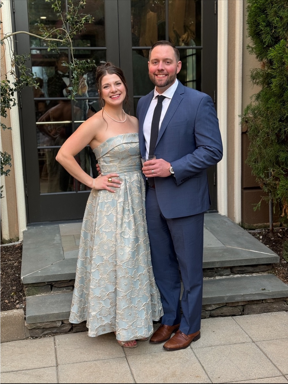 Azazie Strapless Floral Jacquard Midi Dress in Light Blue and Gold Accents - Picture 6 of 6
